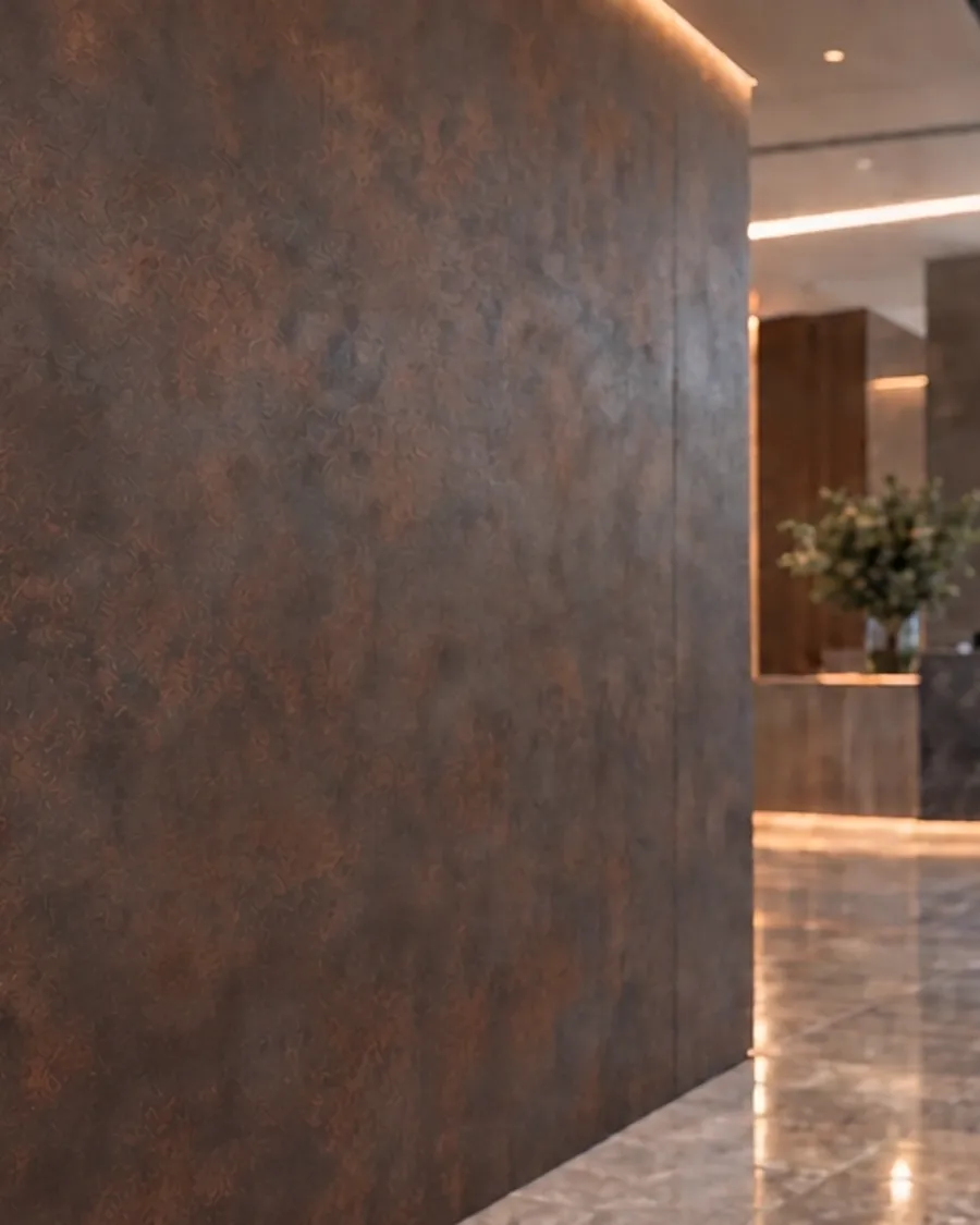 Parede com acabamento 3M™ DI-NOC™ em metal oxidado