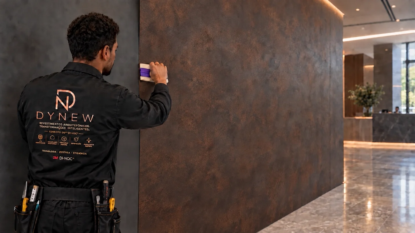 Imagem conceitual DYNEW: aplicação de revestimento arquitetônico decorativo sobre parede, evidenciando textura e acabamento premium