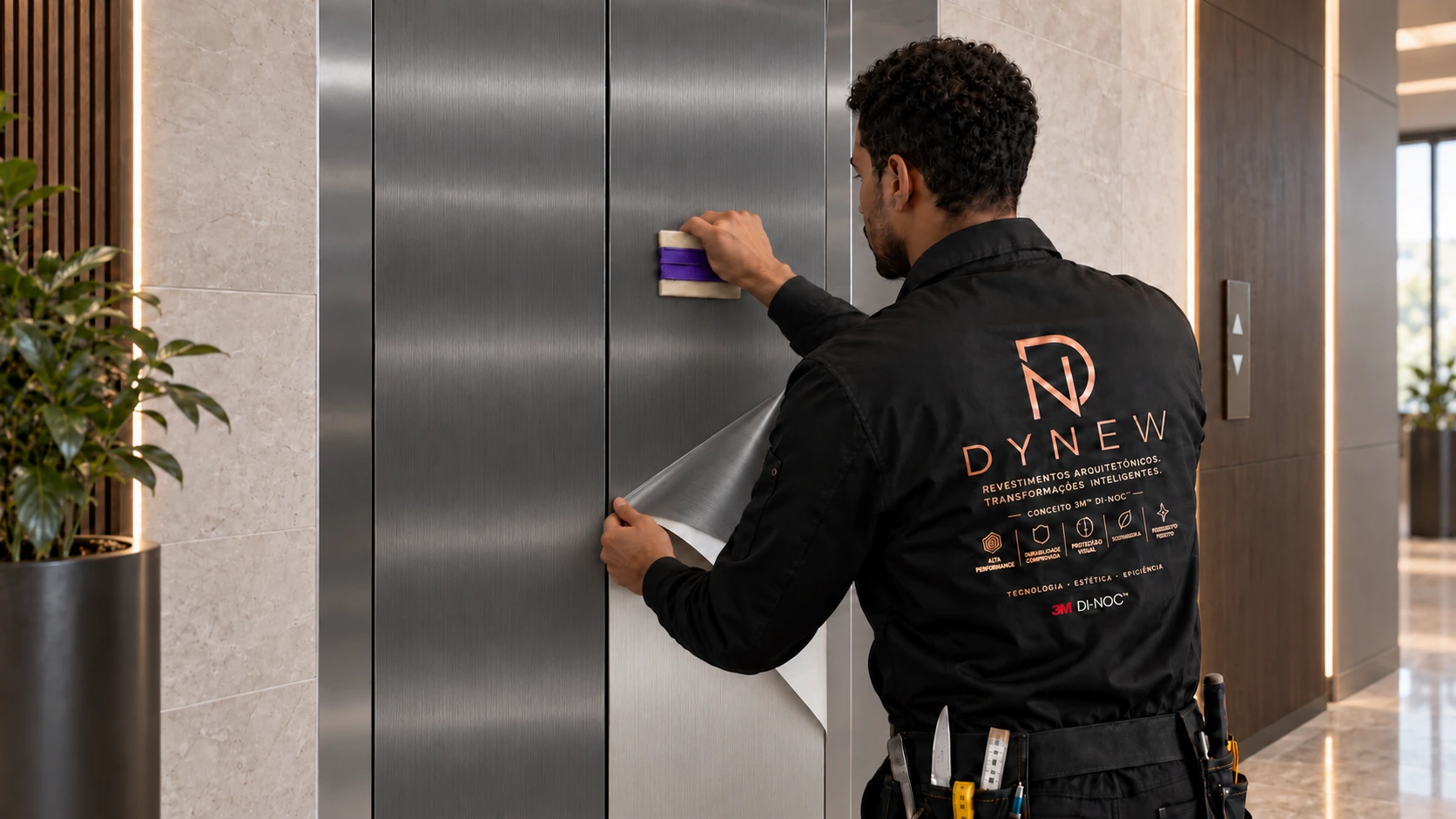 Instalador DYNEW aplicando revestimento 3M™ DI-NOC™ sobre porta de elevador em aço, com o acabamento original ainda visível na transição
